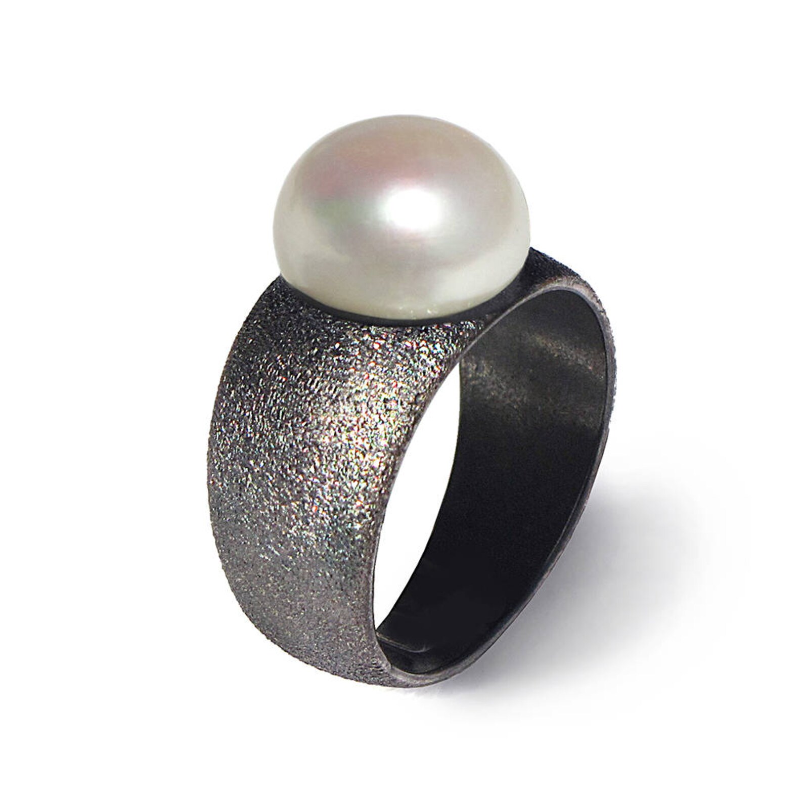 BLACK and WHITE Pearl Ring Black Ring Band Black Silver Etsy