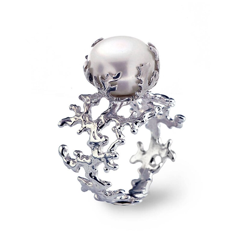 CORAL Unique Pearl Ring Statement Ring Pearl Engagement Etsy