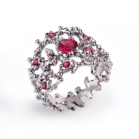 Red Stone Ring Statement Ring Sterling Silver Ruby Band Ring CORAL Ruby Ring for Women Wide Ruby Wedding Band Ring