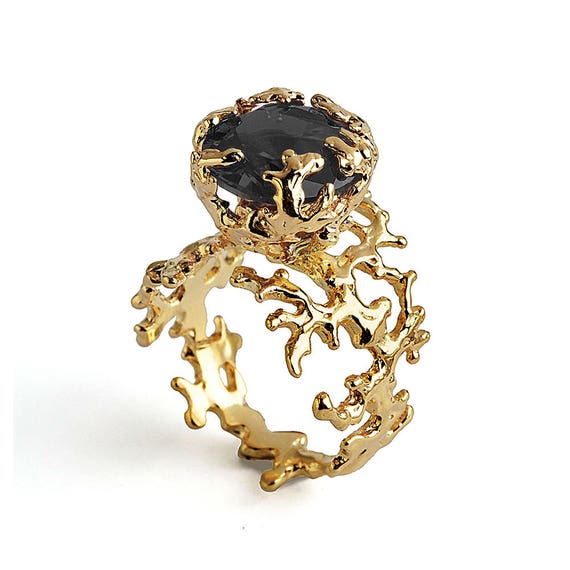 CORAL Gold Statement Ring Black Gemstone Ring Alternative | Etsy