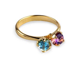 CHARMS Gold Amethyst Ring, Gold Blue Topaz Ring, Dangle Charm Ring, Birthstone Ring, Mothers Ring Birthstones, Gold Gemstones Ring