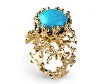 CORAL Turquoise Ring, Gold Turquoise Ring, Women's Turquoise Ring, Gold Statement Ring, Turquoise Gemstone Ring