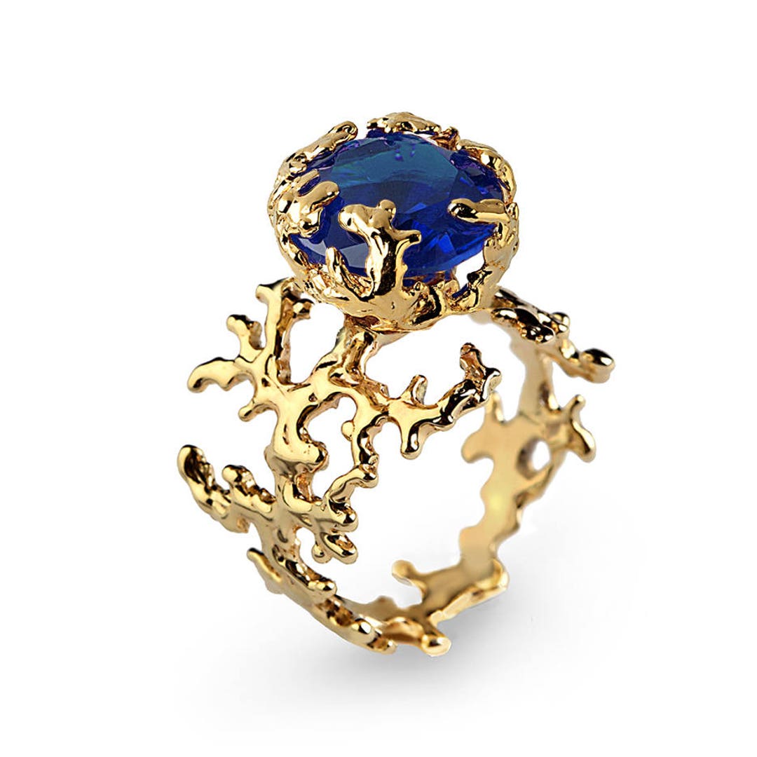 CORAL Blue Sapphire Engagement Ring, Statement Ring, Gold Blue Sapphire ...
