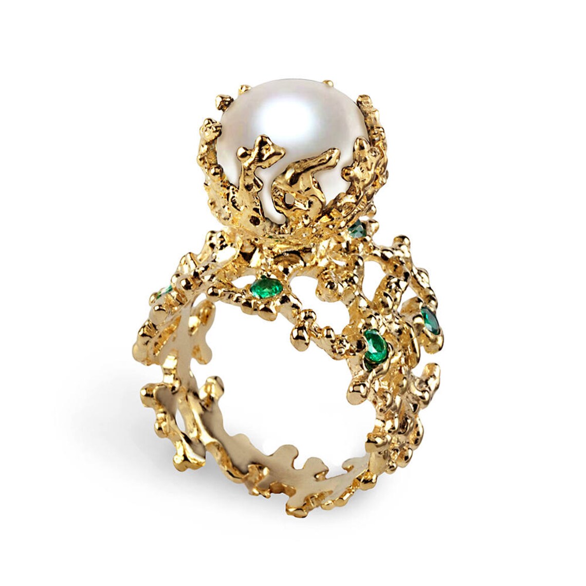 CORAL Emerald Pearl Ring Emerald Engagement Ring Pearl | Etsy