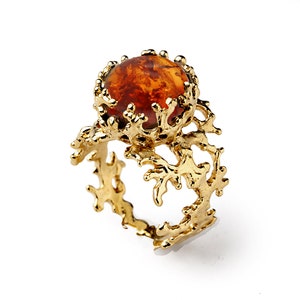 CORAL Baltic Amber Ring, Burnt Orange Gem, Statement Ring, Gold Amber Ring, Gold Gemstone Ring, Natural Amber Ring, Unique Gold Ring image 1