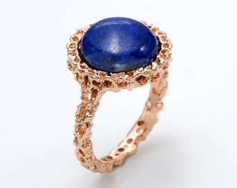 CORAL Blue Lapis Lazuli Ring, Natural Lapis Rose Gold Ring for Women, Boho Ring, Blue Gemstone Ring, Spiritual Healing, Statement Ring