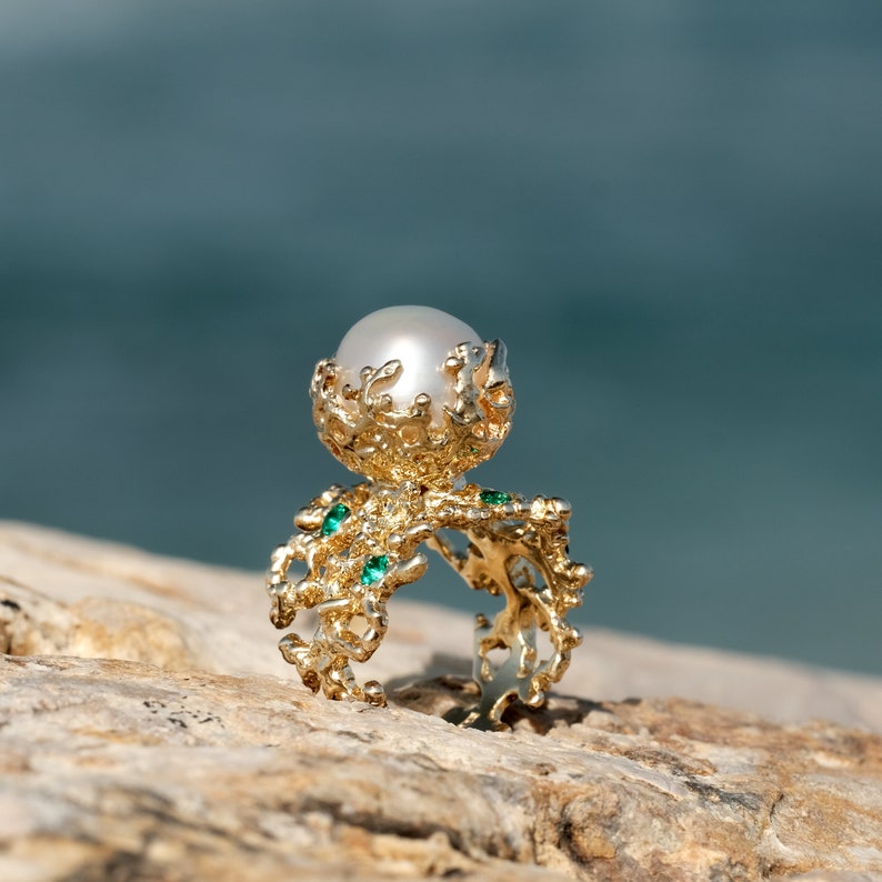 CORAL Emerald Pearl Ring, Emerald Engagement Ring, Pearl Engagement Ring, Gold Pearl Ring, Gold Emerald Ring, Statement Ring, Birthstone image 8