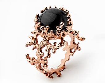 CORAL Black Onyx Ring, Rose Gold Onyx Ring, Women's Onyx Ring, Rose Gold Statement Ring, Black Gemstone Ring