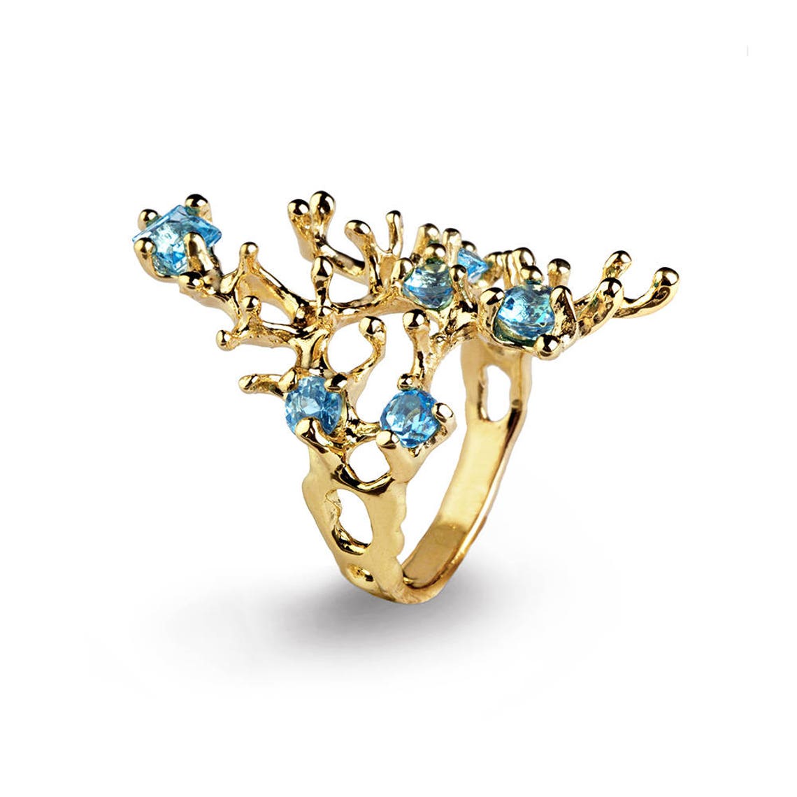 REEF Gold Blue Topaz Ring Gemstone Ring Gold Statement Ring - Etsy