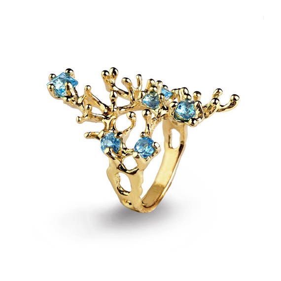 Gouden Statement Ring Blauwe Topaas Verlovingsring Organische Ring REEF Goud Blauwe Topaas Ring Sieraden Ringen Ringen met meerdere stenen Edelsteen Ring 