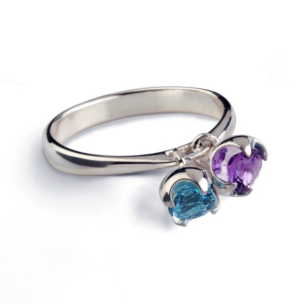 CHARMS Sterling Silver Amethyst Ring, Silver Blue Topaz Ring, Dangle Charm Ring, Birthstone Ring, Mothers Ring, Gemstones Ring