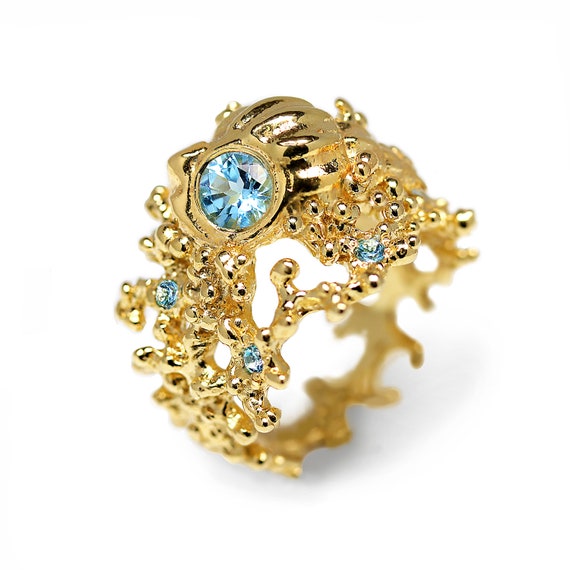 CORAL SEASHELL Ring Swiss Blue Topaz Ring Gold Seashell - Etsy