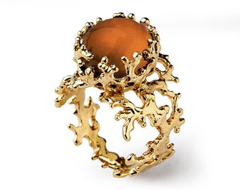 CORAL Baltic Amber Ring, Statement Ring, Gold Amber Ring, Gold Gemstone Ring, Natural Amber Ring, Unique Gold Ring, Gold Ring for Women