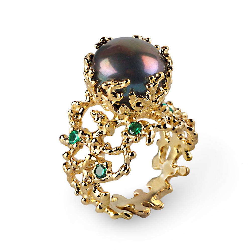 CORAL Pearl Emerald Ring Emerald Engagement Ring Pearl Etsy