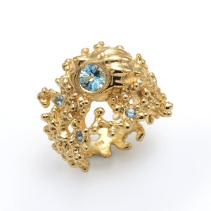 CORAL SEASHELL Ring, Swiss Blue Topaz Ring, Gold Seashell Ring, Mermaid ...