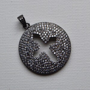 Micro Pave, Round Crystal CZ Inlay Cross Pendant, Disk, Circle Gunmetal Pave Pendant