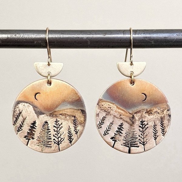 Crescent Moon Forest Earrings / Crescent Moon Earrings / Tree Earrings / Gifts for Nature Lovers / Gifts For Travelers /Wanderlust Jewelry