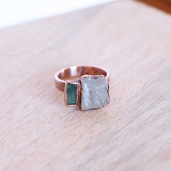 Raw Aquamarine Ring Green Tourmaline Ring Aquamarine Jewelry Raw Crystal Ring Raw Gemstone Ring Statement RIng Cocktail Ring Size 7.5