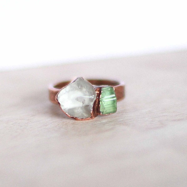 Raw Aquamarine Ring Green Tourmaline Ring Aquamarine Jewelry Raw Crystal Ring Raw Gemstone Ring Statement RIng Cocktail Ring Size 9