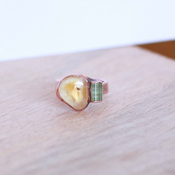 Raw Citrine Ring Green Tourmaline Ring Citrine Jewelry Raw Crystal Ring Raw Gemstone Ring Statement RIng Cocktail Ring Size 6.5