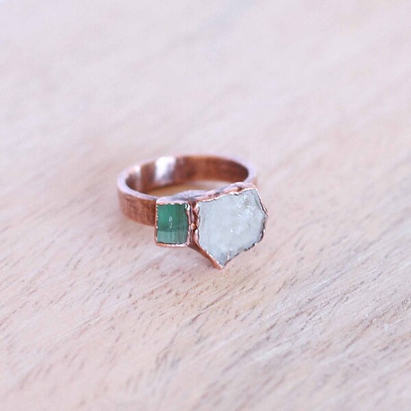 Raw Aquamarine Ring Green Tourmaline Ring Aquamarine Jewelry Raw Crystal Ring Raw Gemstone Ring Statement RIng Cocktail Ring Size 7
