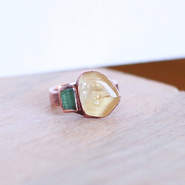 Raw Citrine Ring Green Tourmaline Ring Citrine Jewelry Raw Crystal Ring Raw Gemstone Ring Statement RIng Cocktail Ring Size 7.5