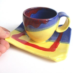 Cup-coffee cup with plate - Unique blue, yellow and red ceramic cup with square plate -Espresso coffee mug - wheel thrown coffee cup.
