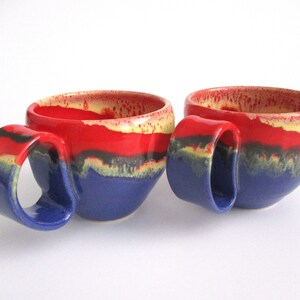 Cups-Coffee cups-coffee cheer cups-Coffee cups-Ceramic coffee cups-Two espresso mugs-Red yellow and blue ceramic cups-Wheel thrown (medium).
