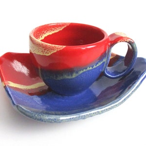Cup-coffee cup with plate-Red, yellow and blue ceramic espresso  cup-square ceramic plate gloss blue, yellow and red-wheel thrown cup.