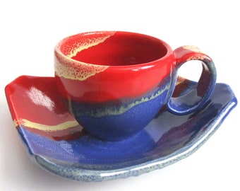 Cup-coffee cup with plate-Red, yellow and blue ceramic espresso  cup-square ceramic plate gloss blue, yellow and red-wheel thrown cup.