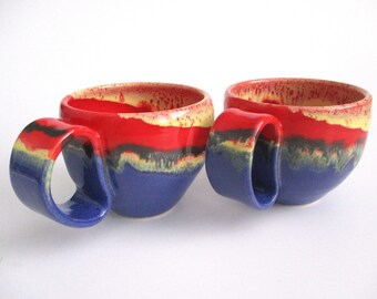 Hand Painted Ceramic Espresso Mugs: Red, Yellow, and Blue - Set of 2
