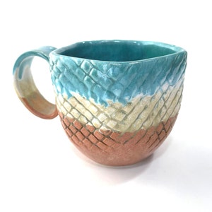 Cup - large ceramic tea cup - large ceramic coffee mug - gloss white/green  and mat brown outside-ceramic cup wheel thrown-textured design.