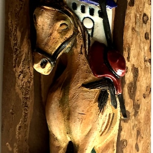 Handmade Ceramic Wall Art: &quot;Looking for Quixote&quot; on Capá Prieta Wood