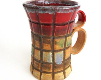 Handmade Ceramic Coffee Mug: Gloss Red, Brown, and Green Geometric Design