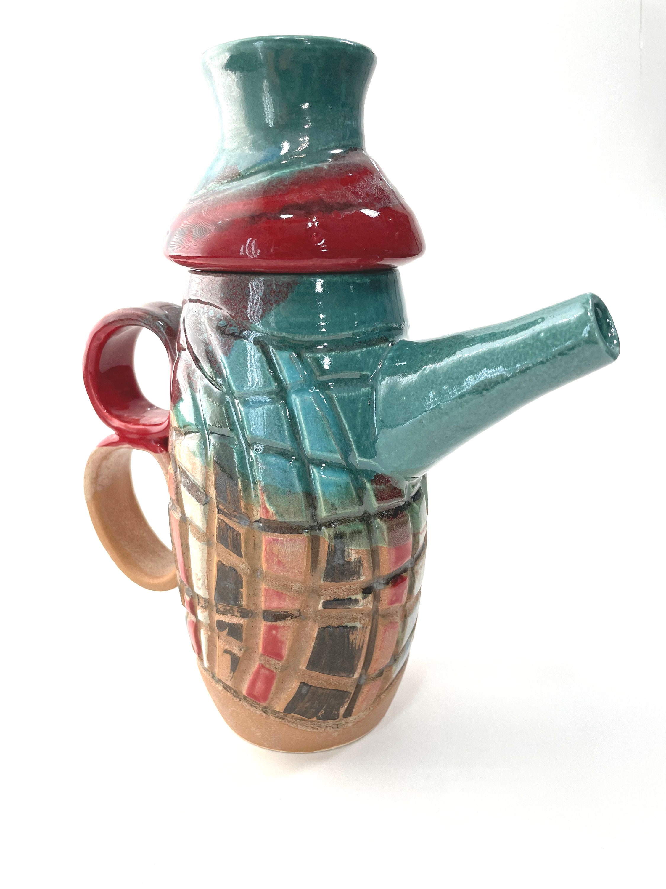 Handmade Ceramic Teapot: Geometric Design, Green/Purple/Brown