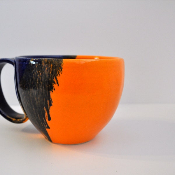 Large ceramic coffee mug - vibrant orange, black and blue ceramic mug for the Fall season - handmade mug