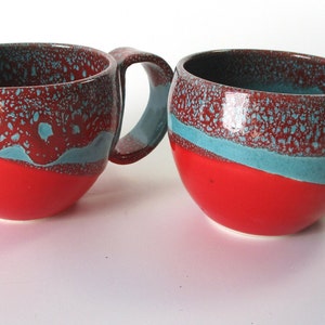 Cups - Coffee cups-Coffee cups-Ceramic tea cups-Two coffee mugs-Two tea cups-Gloss red and green ceramic glazes-Wheel thrown medium