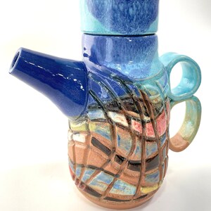Coffeepot-Teapot-Ceramic coffeepot-Teapot-Handmade ceramic coffeepot-Handmade teapot-Blue, aqua, purple and brown teapot-Geometric design.