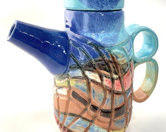 Coffeepot-Teapot-Ceramic coffeepot-Teapot-Handmade ceramic coffeepot-Handmade teapot-Blue, aqua, purple and brown teapot-Geometric design.