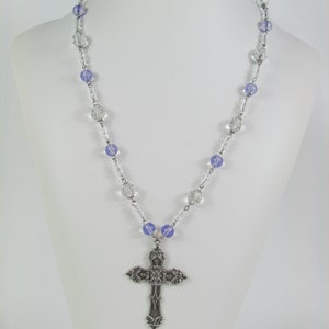 Light Purple and Crystal Beaded Cross Necklace in Silver