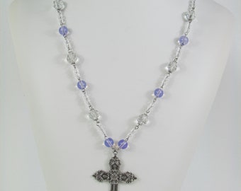 Light Purple and Crystal Beaded Cross Necklace in Silver