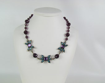 Chunky Purple and Teal Beaded Necklace in Gold