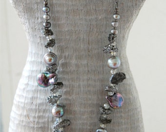 Baroque Pearls and Titanium Mystic Gray Crystal Nuggets Necklace, Sterling Silver Chain Beaded Necklace, Fresh Water Gray Silver Pearls