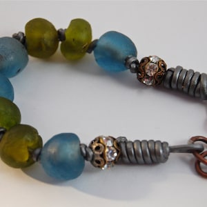 Bottle Glass Beads, Vintage African Sea glass Beads, Silver Leather Cord, Brass Patina Chain, Lobster Clasp