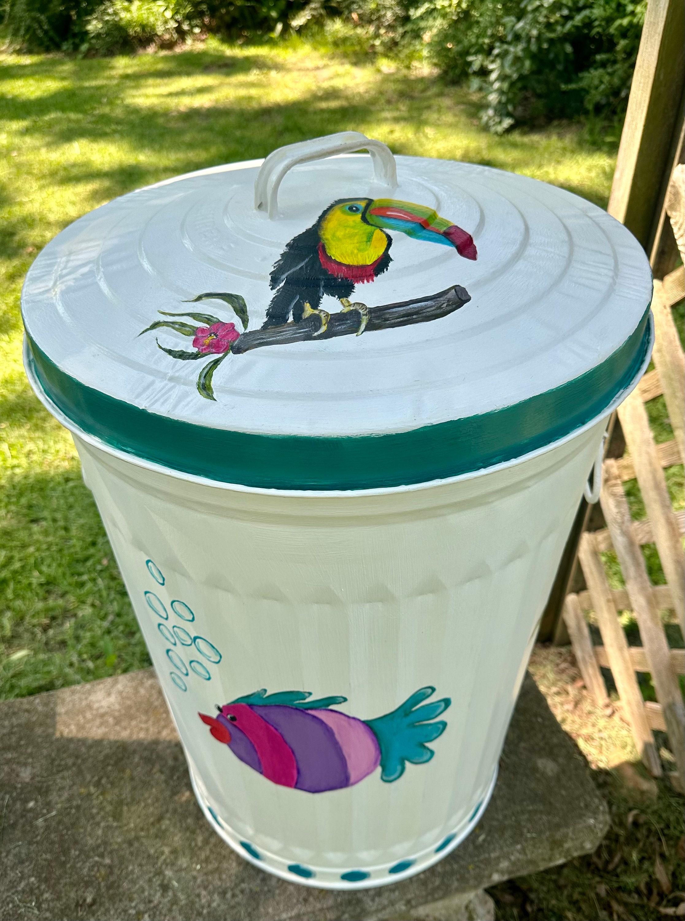 Hand Painted Tropical Garbage Can: Toucan, Sea Turtle, Fish - 20