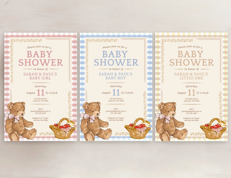 Editable Classic Teddy Bear Picnic Baby Shower Invitation Etsy