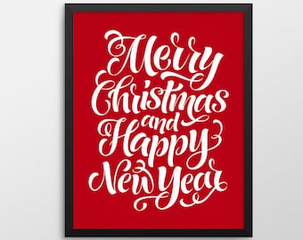 Christmas Printable Art, Merry Christmas and Happy New Year Wall Art, Christmas Decor, Christmas Print, Merry Christmas Holiday Decor Sign