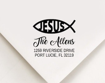 Jesus Fish ΙΧΘΥΣ ichthys Custom Address Stamp, Religious Self Inking Stamp, Housewarming, New Home Realtor Closing Christmas Holiday Gifts