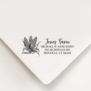 May include: White envelope with a black illustration of three corn stalks and the text "Jones Farm". The text includes the names Michael & Anne Jones and an address in Montville, CT.