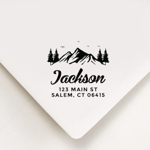 Adventure Mountain Address Stamp, Custom Self Inking Return Address Stamp, Rustic Forest Wildlife Stamp Gift, Hunting Stamp, Alaska Wyoming